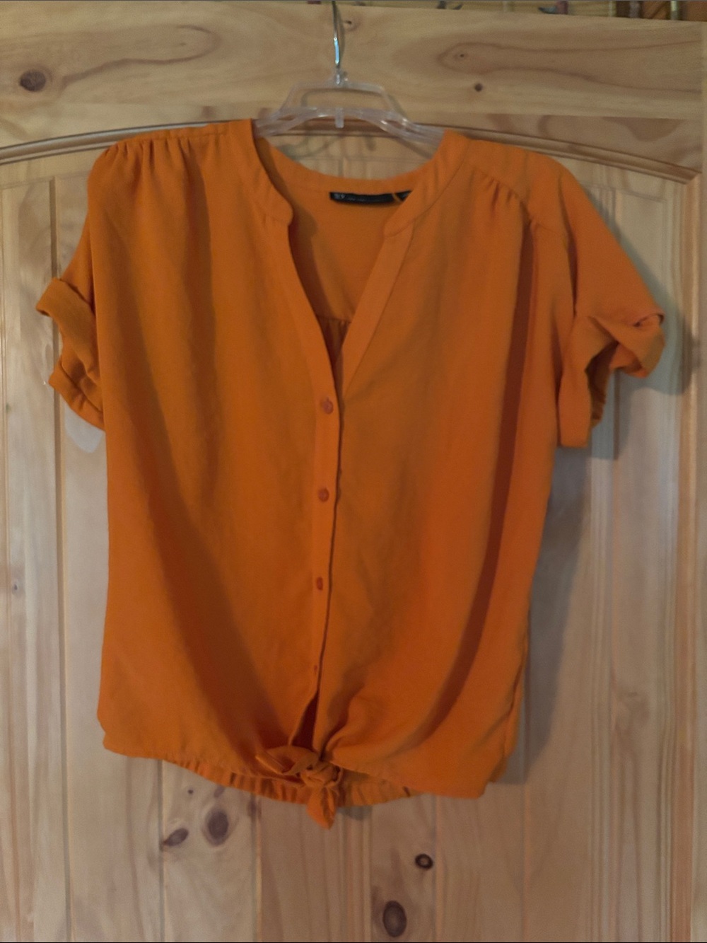 New York & Company Orange Button-Front Tie-Hem Blouse
